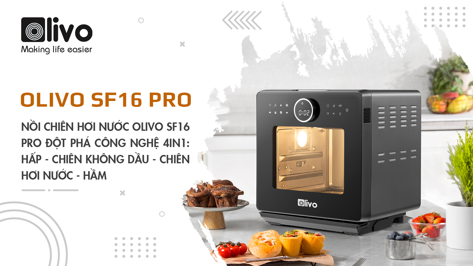 Nồi chiên hơi nước OLIVO SF16 PRO đột phá công nghệ 4IN1: